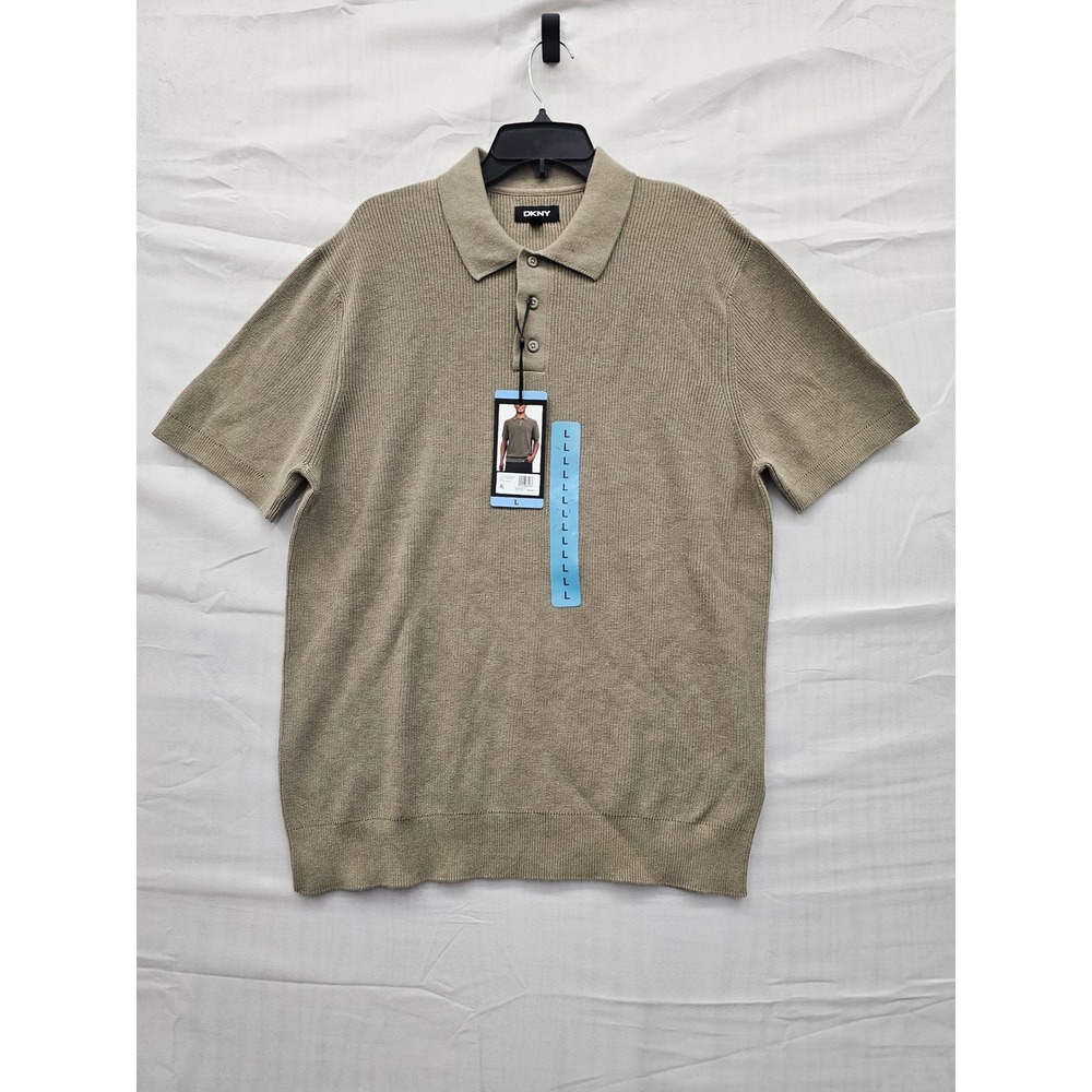 DKNY Mens Sweater Polo Shirt Short Sleeve Ribbed Cotton Cream DK35SR2402 Large